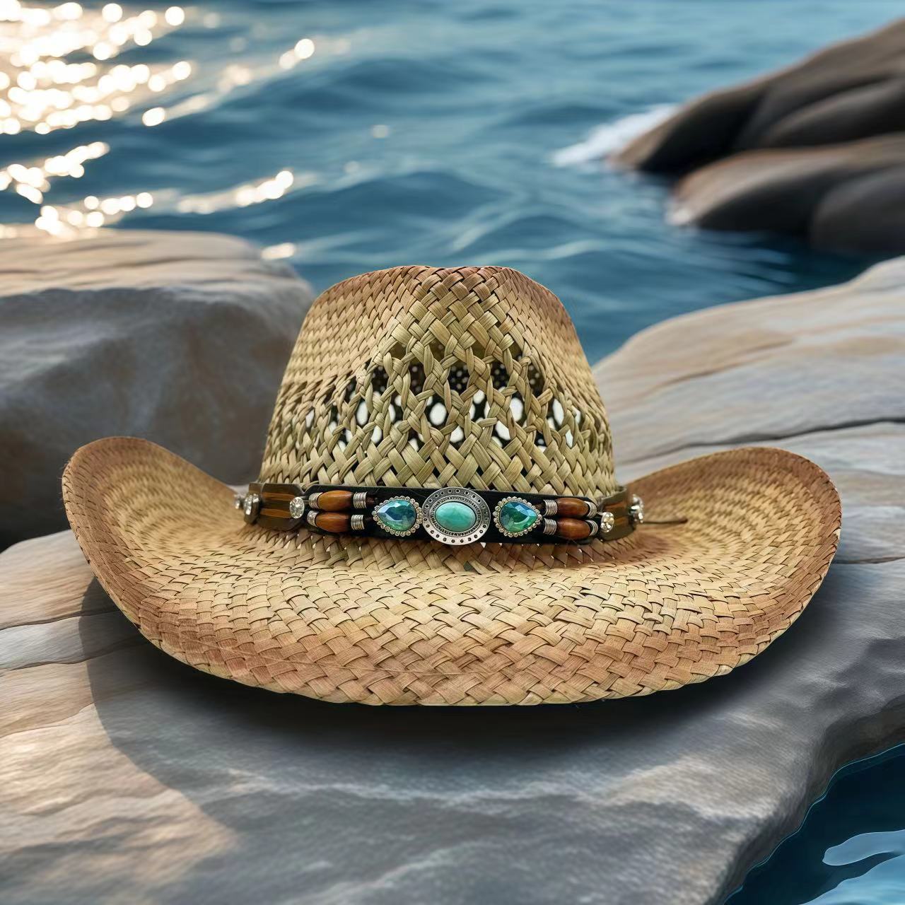 Cowboy Hat Straw - Topi Koboi Berhias Berlian Imitasi, Topi